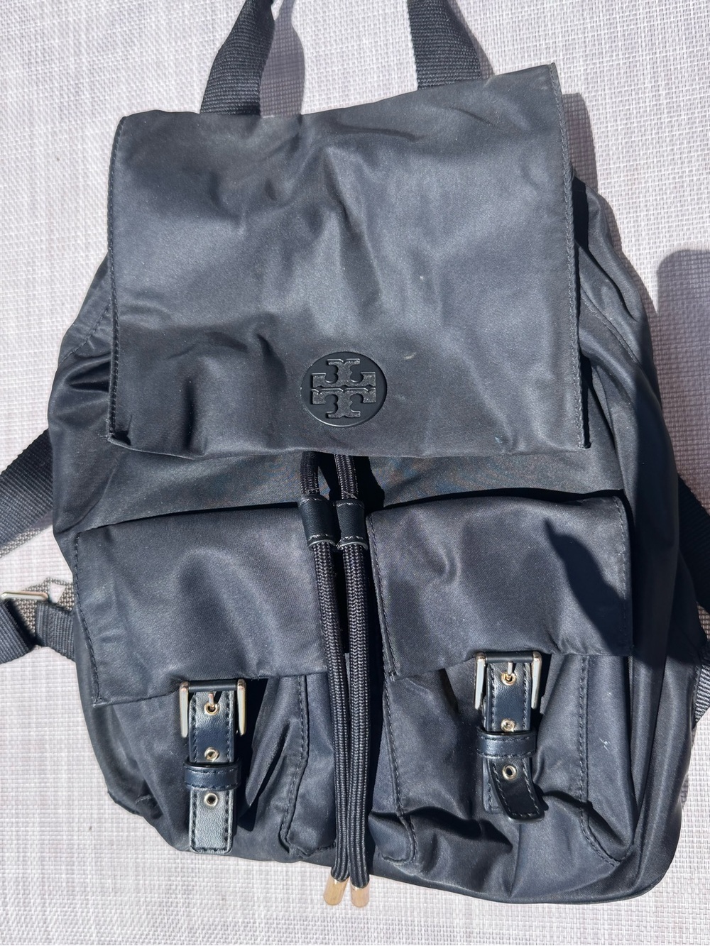 Tory Burch Women's Black Nylon Backpack with Gold Hardware and Adjustable Strap